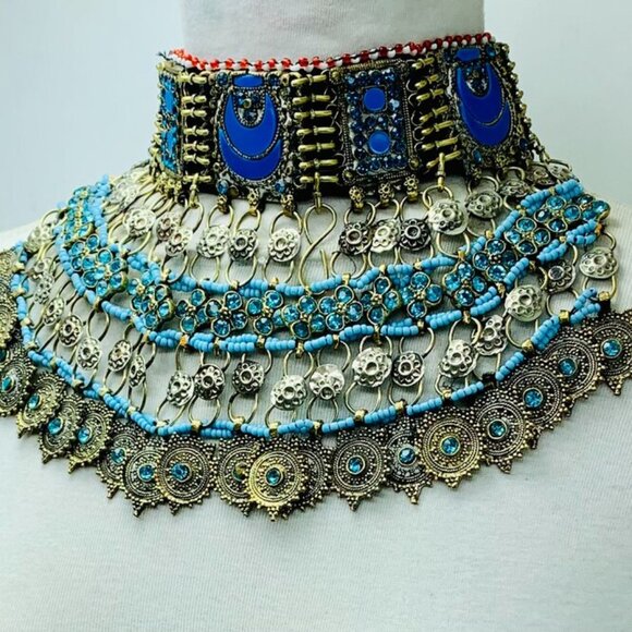 Turquoise Choker Necklace, Tribal Kuchi Afghan Choker With Turquoise Glass Stone - Picture 5 of 12